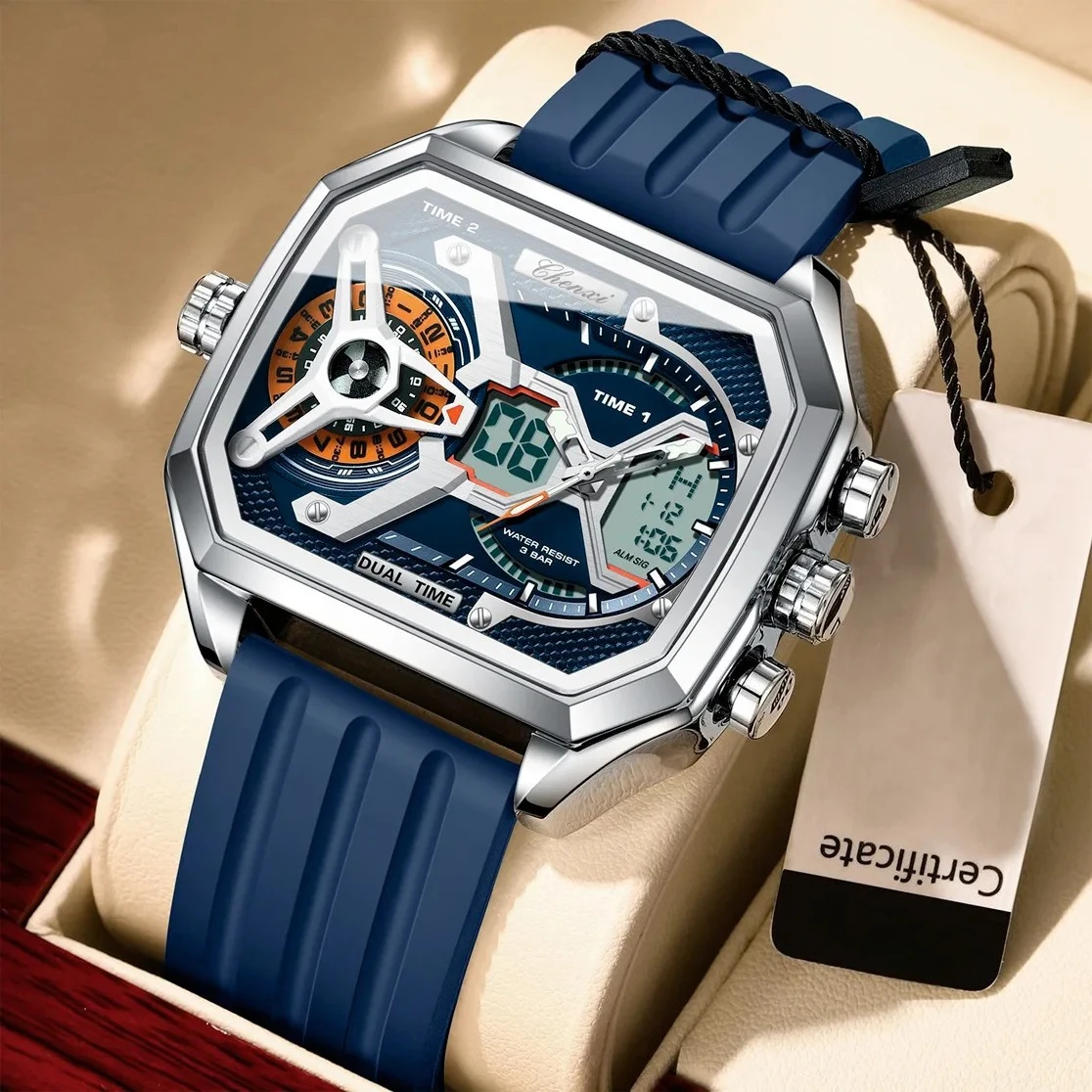 

Роскошные мужские цифровые спортивные часы, водонепроницаемые, с двойным дисплеем, большой циферблат, светящийся многофункциональный силиконовый ремешок