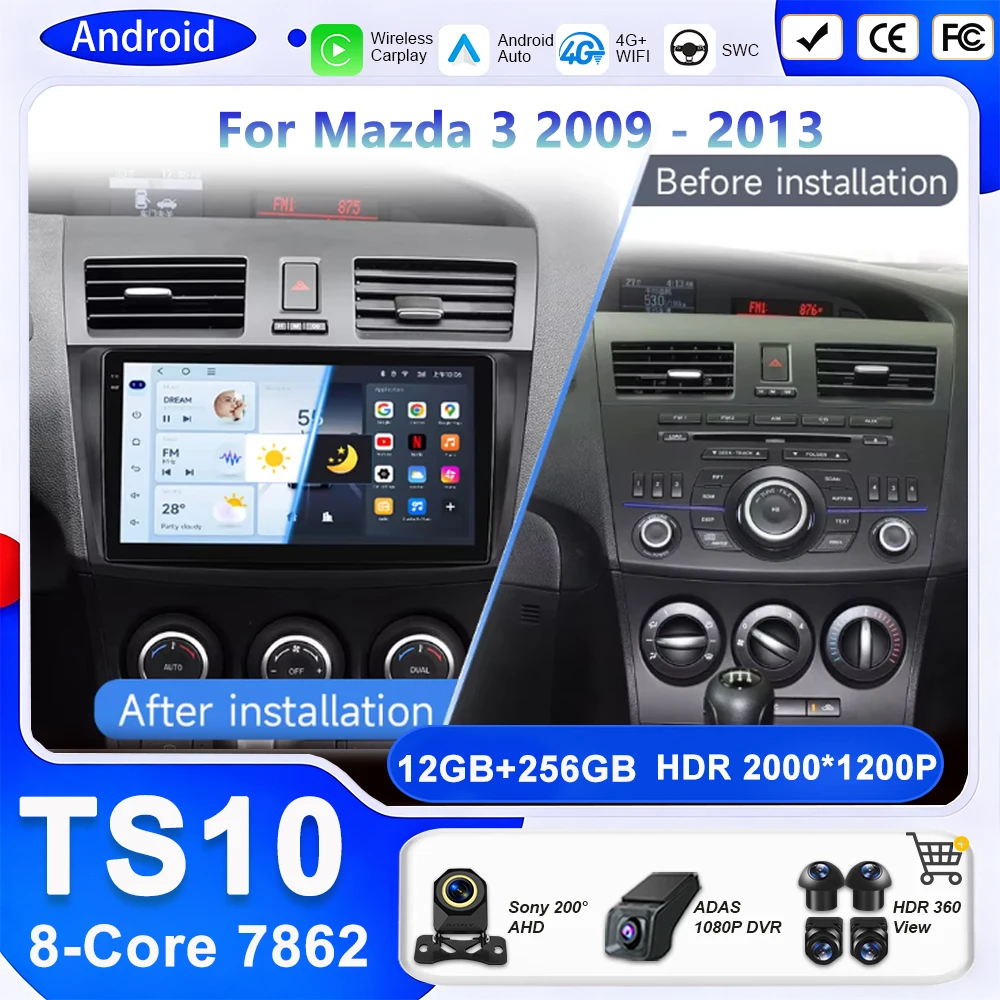 Rádio Automotivo Android 16 para Mazda 3 2009 2010 2011 2012 2013 Unidade Principal GPS Navegação Multimídia Reprodutor de Vídeo Estéreo DVD Carplay