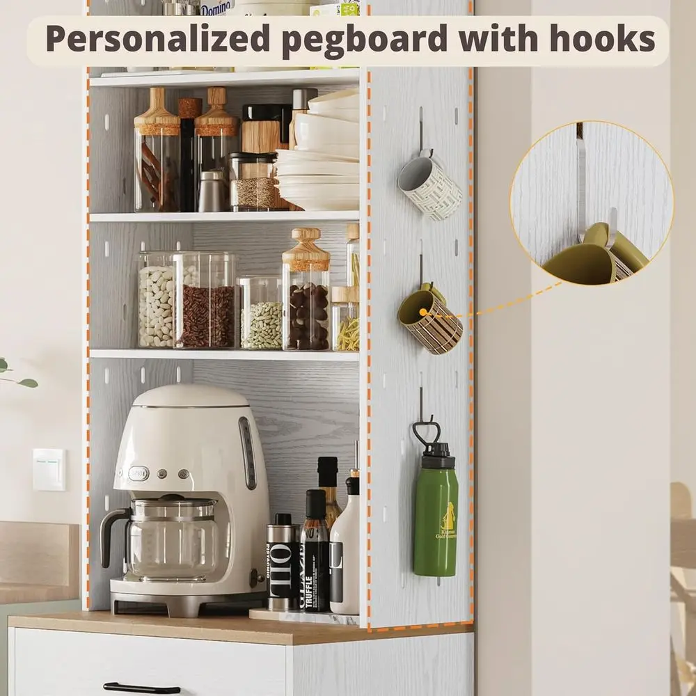 Microwave Stand with Storage and Pegboard, Coffee Bar Cabinet, Adjustable Shelves for Kitchen, Dining, Living Room, White view 5
