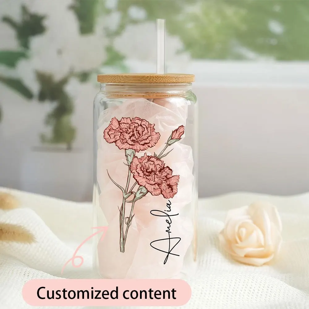 Personalized Birth Flower Glass Can Cup with Bamboo Lid Straw, Custom Name Birth Month Flower Iced Coffee Glass Tumbler,