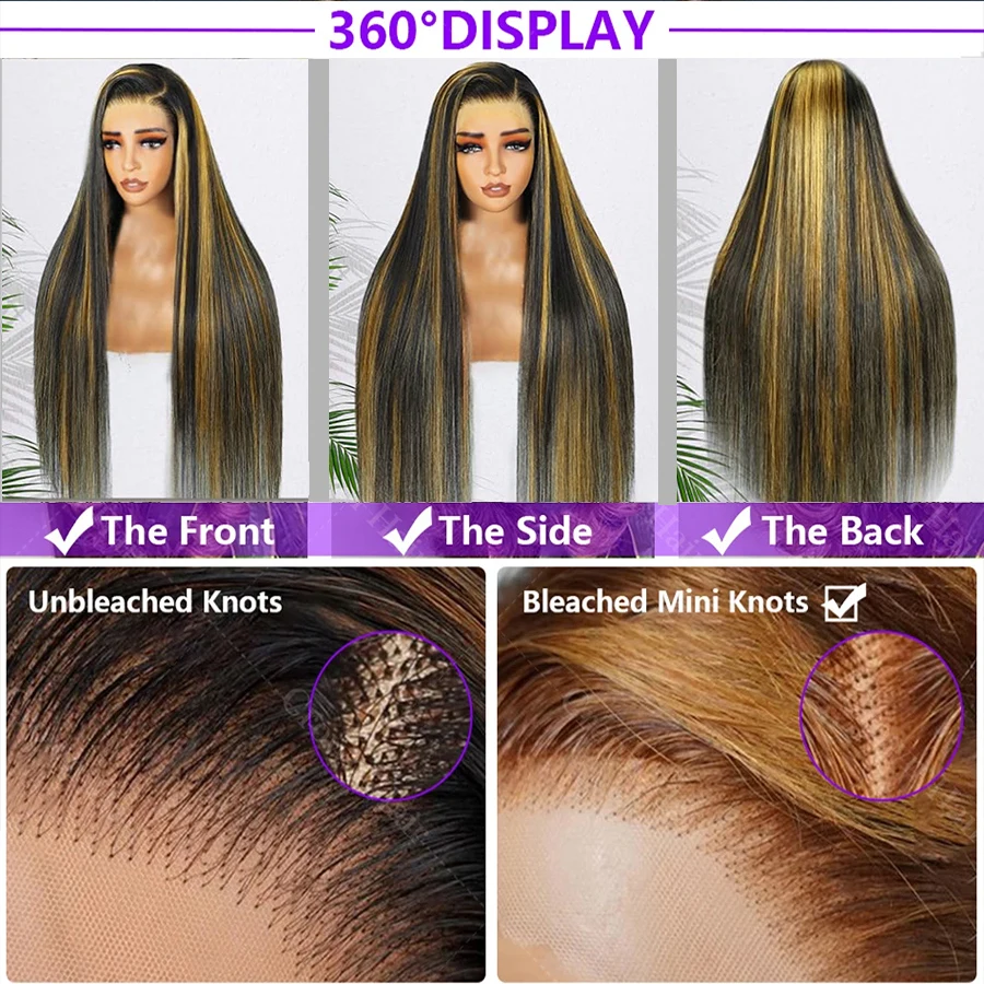 1B/27 Straight Highlight Wig Human Hair 30 Inch 13x4 HD Lace Frontal Wig 180 Density Colored Brazilian Hair Wig For Women