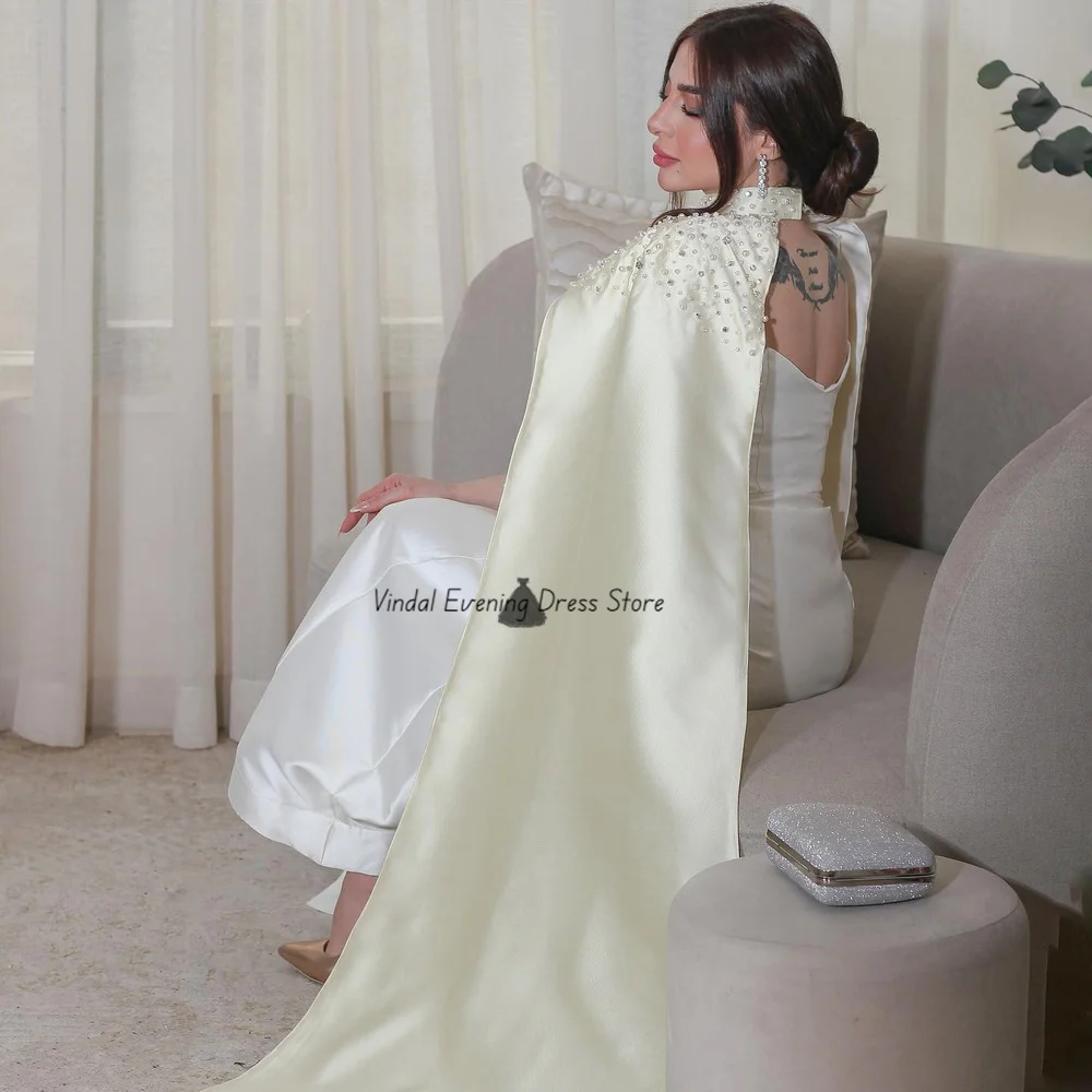 Vindal Zeemeermin Lange Cape Mouwloos Enkellange Parels sjaal Elegante Feest Bruiloft Avondjurk Luxe Satijnen Baljurk 2025