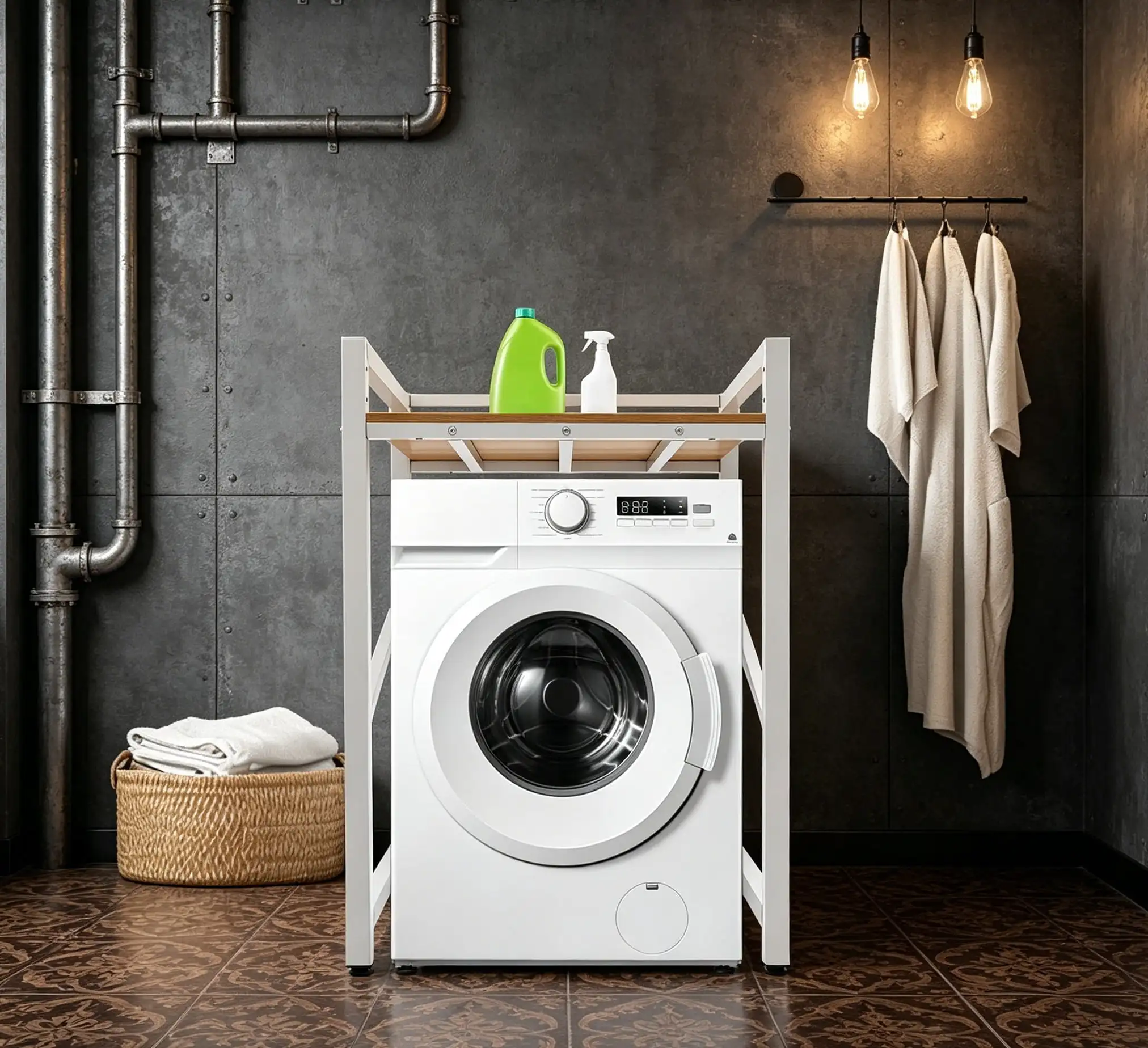 Washer Dryer Stacking Rack Stand, 3-Level Adjustable Height Heavy Duty Washing Machine Shelf, Washer & Dryer Stacking Rack for Bathroom, Laundry Room, White