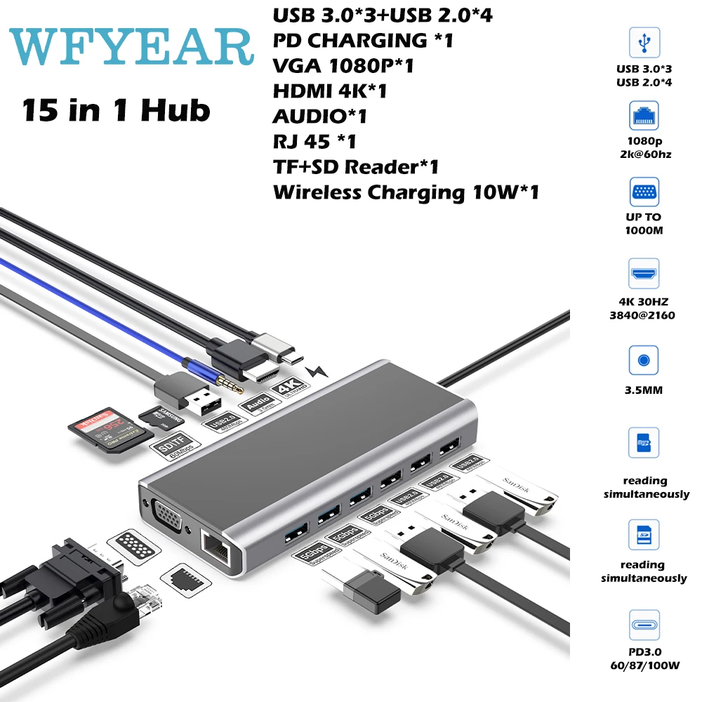 

USB3.0 Docking Station Hub 3 With 5Gbps 4 2.0 Ports 480Mbps Data Transfer Rate Compatible Type C USB hub TF SD Card Reader