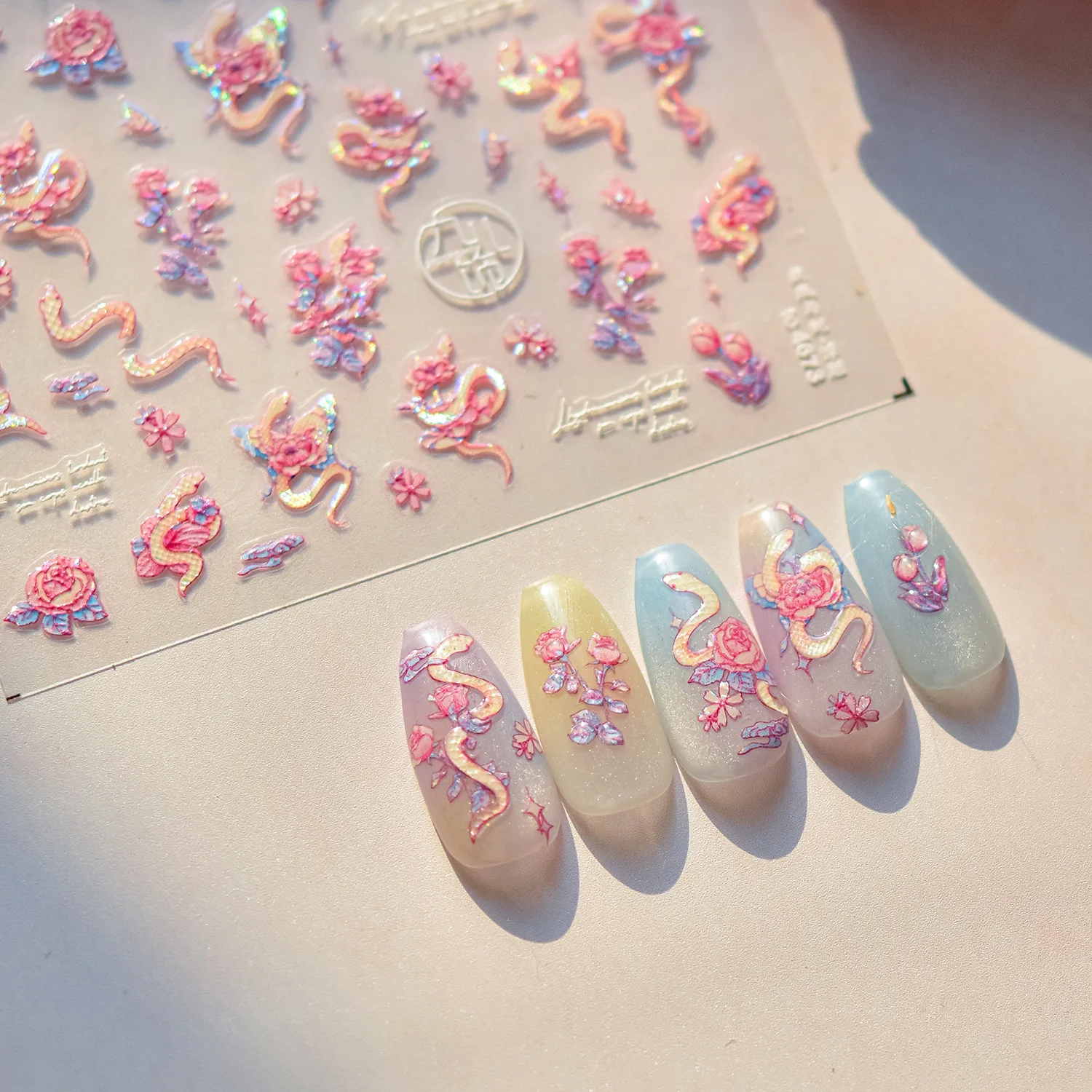 5D Embossed Nail Art Stickers Chinese Style Rose And Snake Self Adhesive Nails Decorations Stickers DIY Manicure Accessory Decal