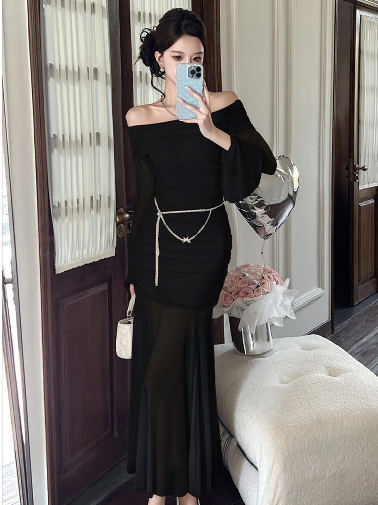Femmes vêtements de soirée maille pure Sexy épaules dénudées maigre Maxi longue Robe en queue de poisson élégante dame mode fête bal robes Robe