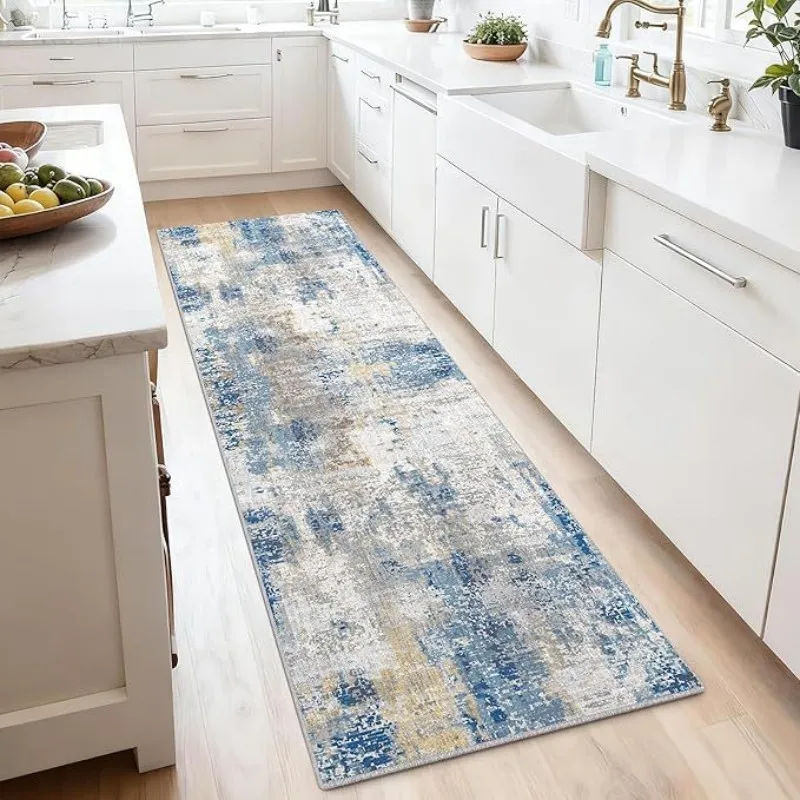 

VIKAMA Modern Abstract Blue Yellow Runner Rug Washable Non Slip Kitchen Hallway Bedroom Floor Carpet Mat Home Decor