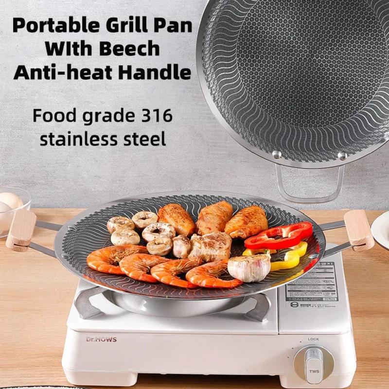 Korean Portable Grill Pan WIth Beech Anti-heat Handle SUS316 Non-Stick Barbecue Plate Outdoor Camping Steak Roasting Frying Pan