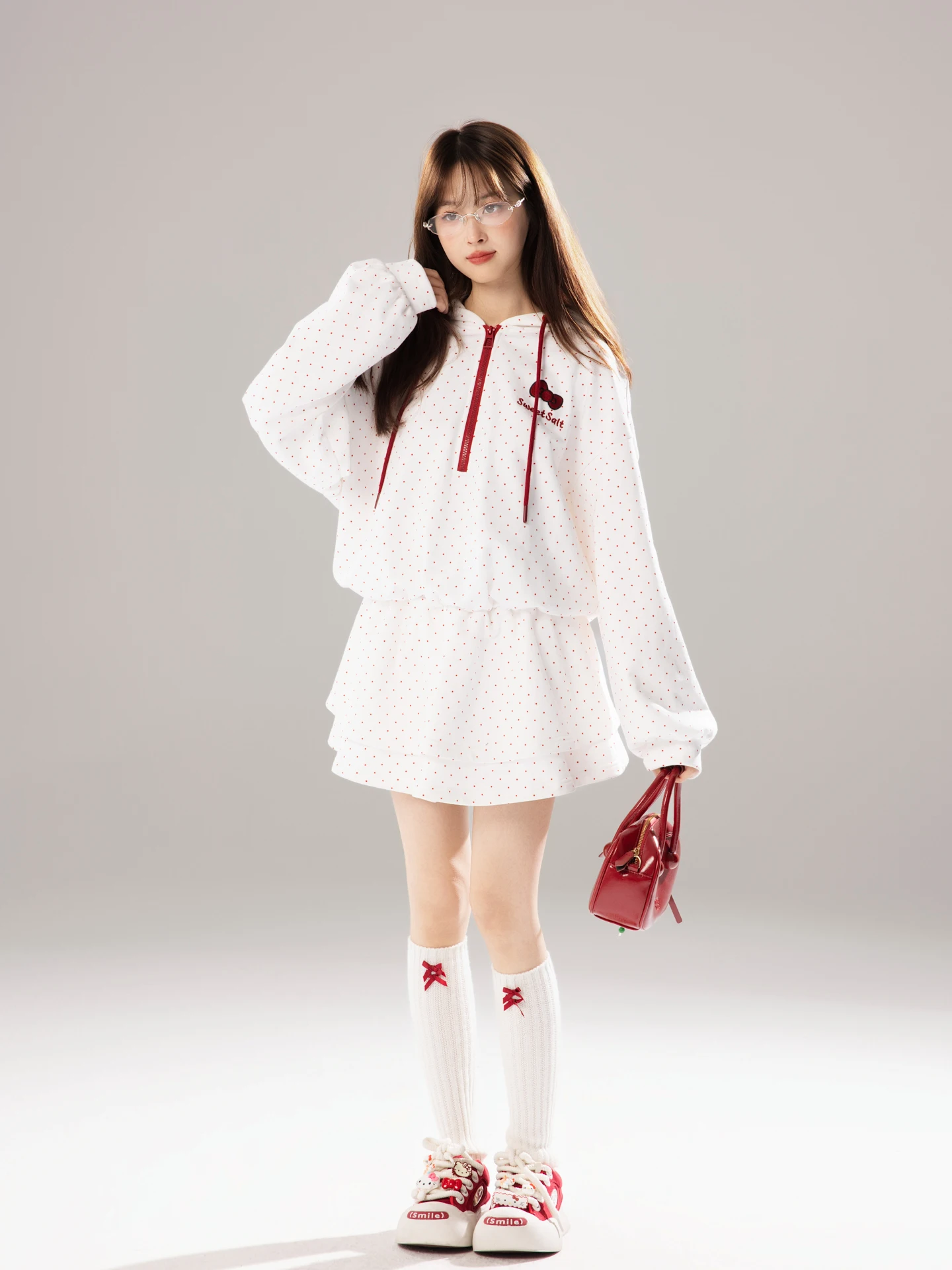 Sweet Fi Low Salt Cherry Bubble Polka Dot Long Sve Sudadera con capucha Dr mujer otoño nueva falda de tamaño pequeño Casual algodón Dr