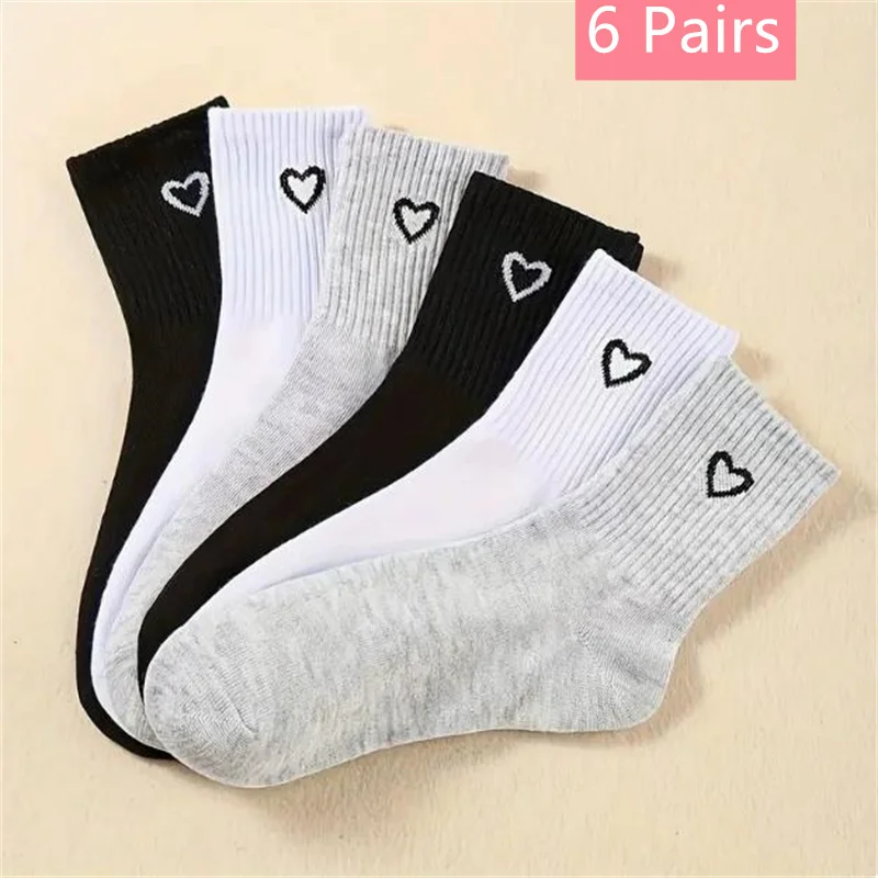 

3/6 Pairs Women Solid Color Love Heart Black White Sports Short Socks Fashion Cute Lady Girl Ankle Socks Low Tube Boat Socks