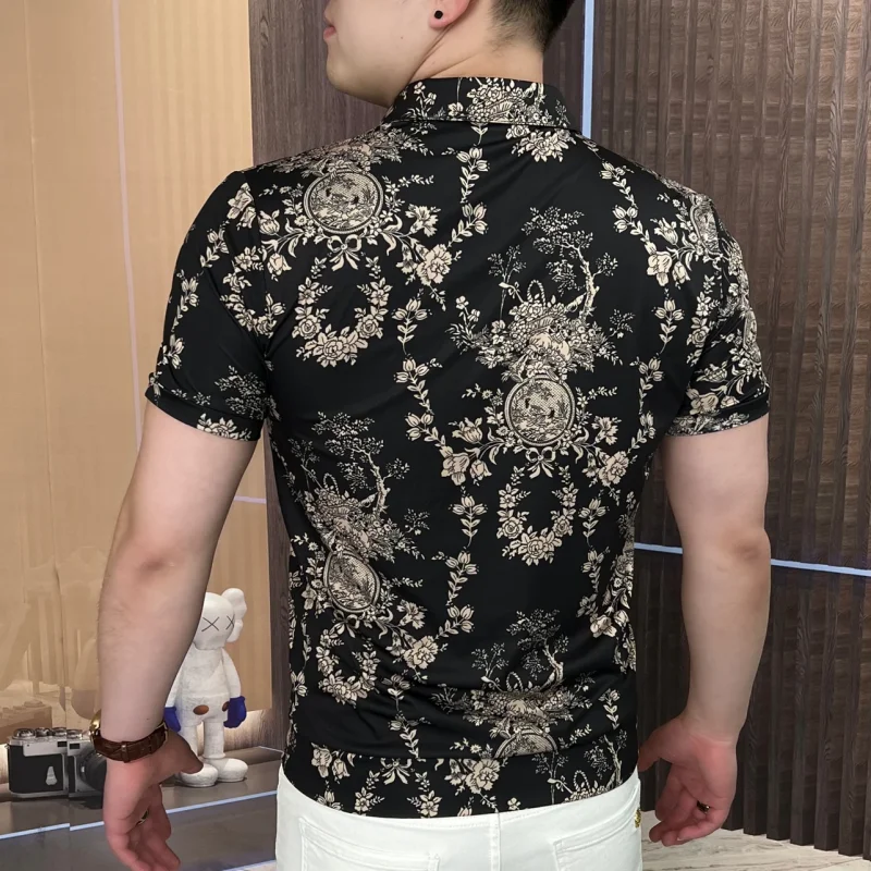 Summer Ice Silk Printed Polo Shirt for Men Short Sleeve Slim Fit Lapel T-shirts Business Casual POLO Shirts Social Streetwear