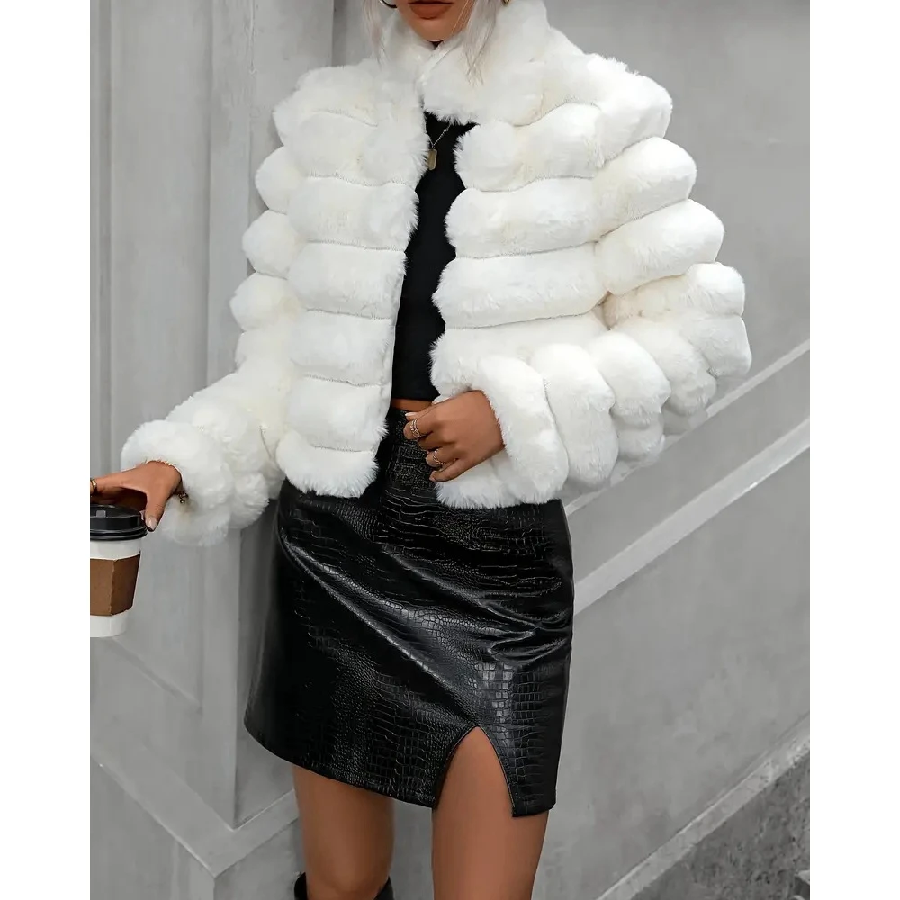 Winter Elegant Imitation Fur Jackets for Women Fashion Luxury Stand Neck Open Front Coats Outwear Korean Style