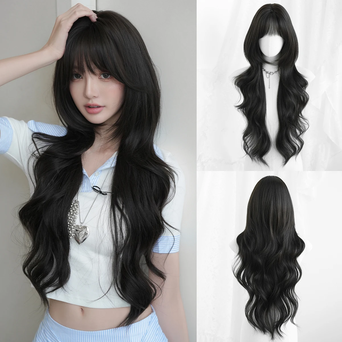 7JHH WIGS Lange, gewellte, dunkelbraune Perücke für Damen, synthetische, hitzebeständige, modische Perücke zum sofortigen Tragen mit ordentlichem Pony