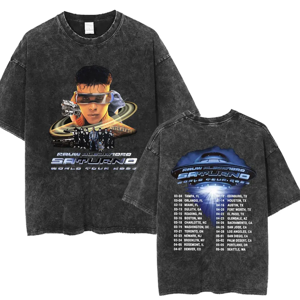 Rauw Alejandro Saturno World Tour Washed T Shirt Men\'s Fashion Hip Hop Popular Oversized Casual Tee Shirt Streetwear Fans Gift