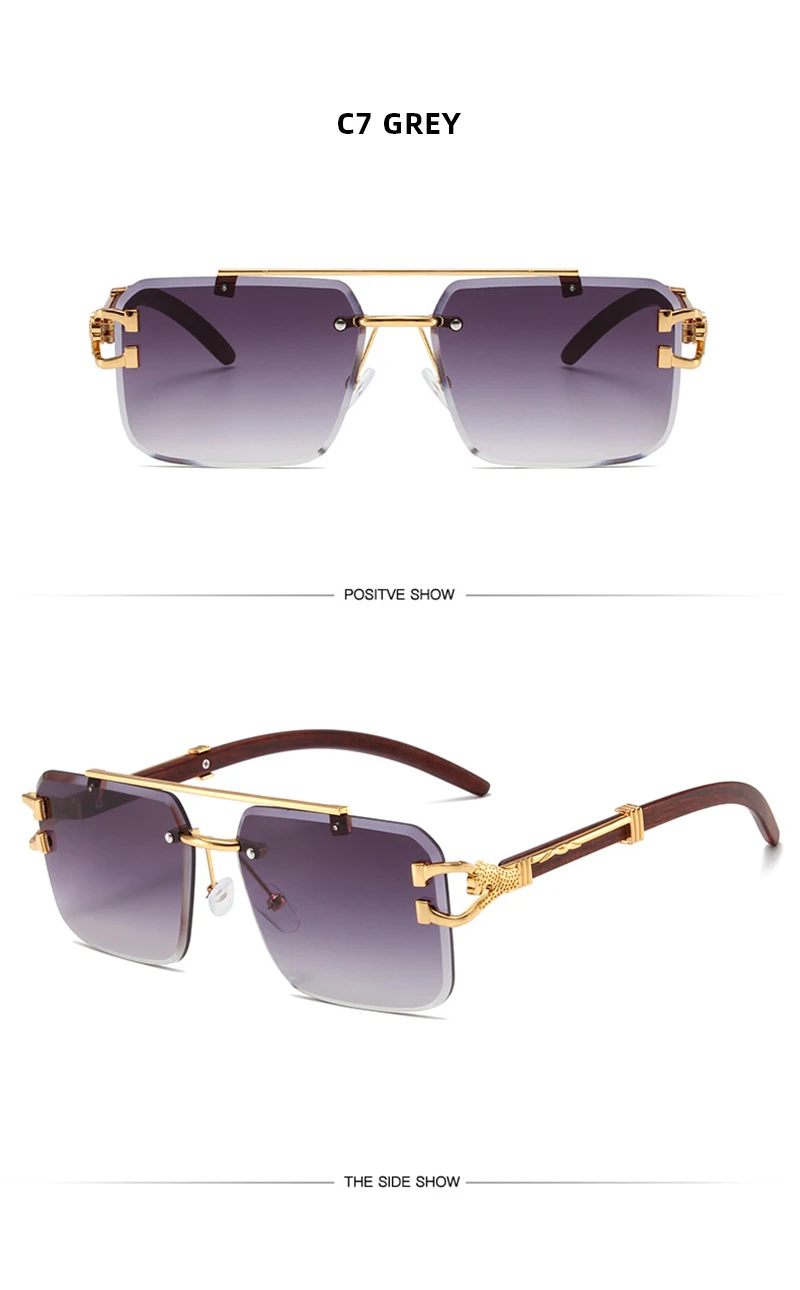 Trend Double Beam Große Sonnenbrille Männer Frauen Randlose Schnittkante Quadratische Sonnenbrille Mode Leopard Holzmaserung Shades – Detail 15