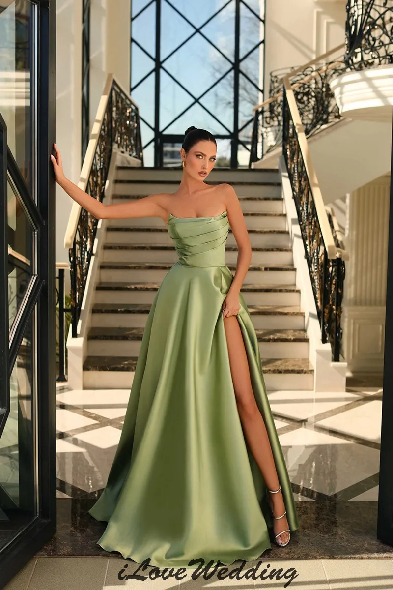 Suknie ślubne 2025 Bean Green Suknia ślubna dla kobiety bez ramiączek Satynowa sukienka z odkrytymi plecami Seksowna sukienka wieczorowa na zamówienie