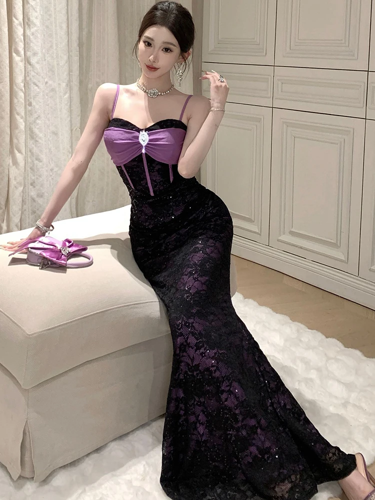 2025 schwarz Spitze Patchwork Lila Elegante Luxus Kleid Frauen Sexy Sling Prom Kleid Sommer Koreanische Vintage Bodycon Abendkleider