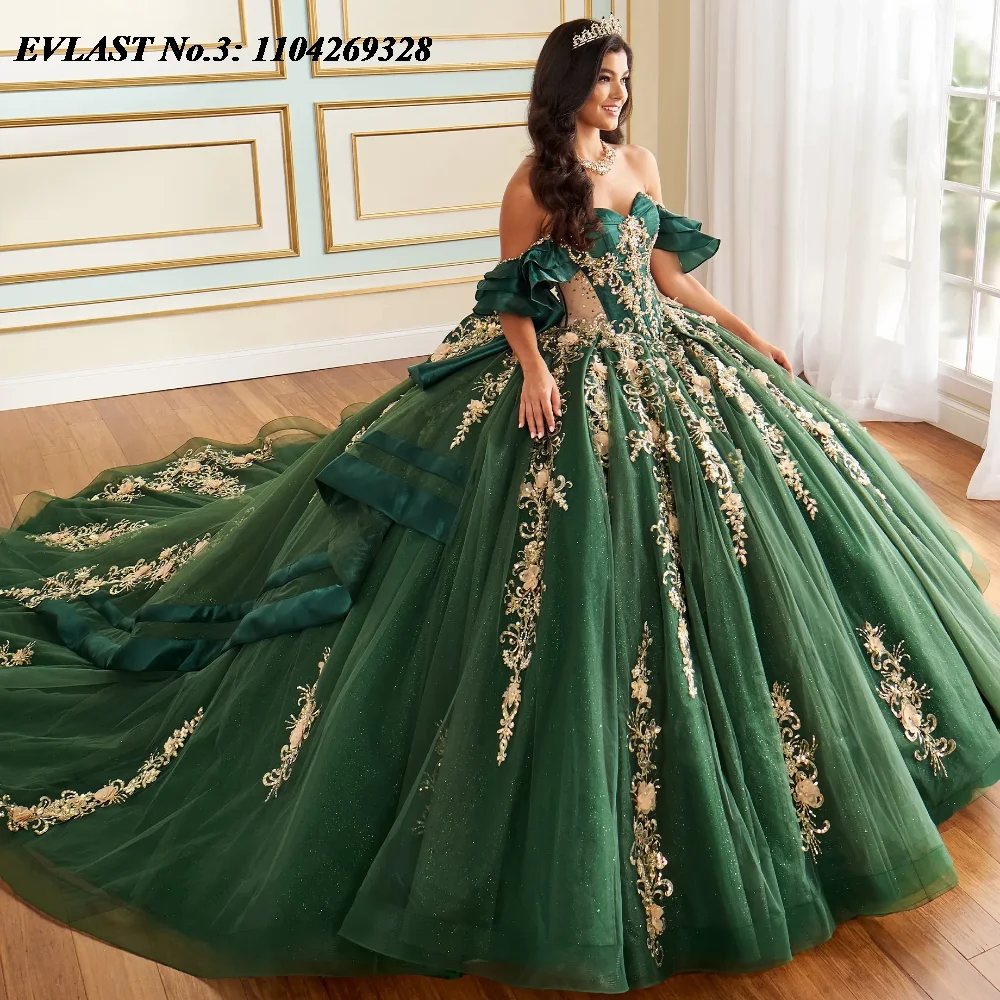 

EVLAST Customized Dark Green Quinceanera Dress Ball Gown Gold Lace Applique Beading Tiered Sweet 16 Vestido De 15 Anos E3Q213