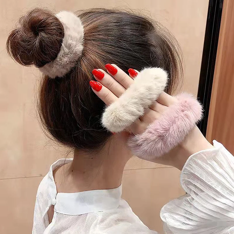 5Pcs Minimalist Plush Elastic Hair Rope Candy Colored Scrunchies Ponytail Holder Elastic Plush Hair Ring Hair Accessories