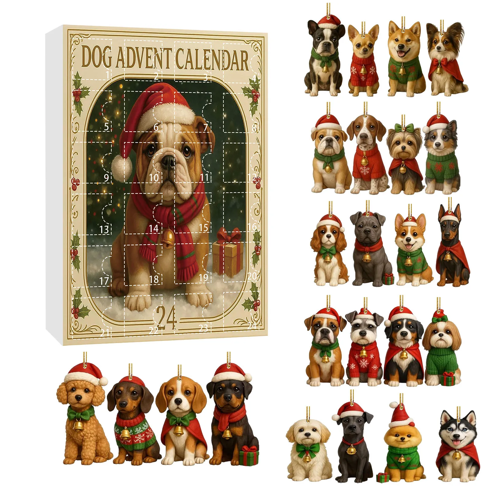 Giocattoli per bambini Decorazioni per l'albero di Natale appese Ciondolo per cani francesi in acrilico 2D Calendario dell'Avvento Temporizzatore da parete digitale di Natale grande