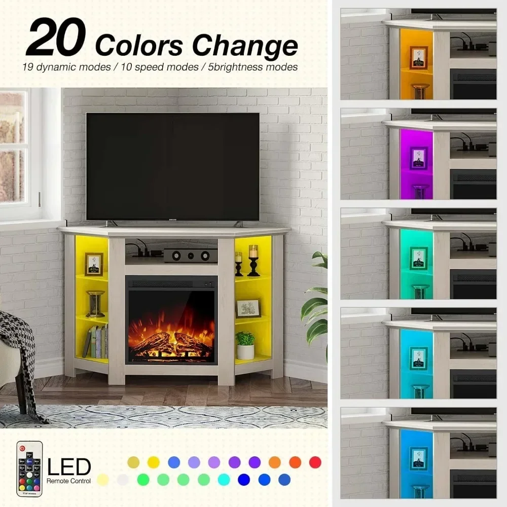 Fireplace Corner TV Stand for Max 47 Inch TV Stand with Power Outlets and LED Lights, Entertainment Center for Living Room