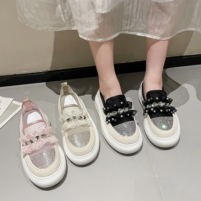 Casual Sneakers Crystal Lace Flats Platform Shoes Women Sports Walking 2024 New Summer Sandals Thick Designer Running Lady Shoes