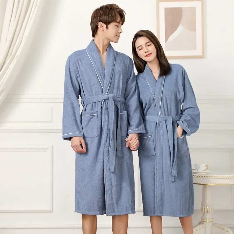 Cotton Couples Long Thick Absorbent Terry Bath Robe Kimono Men Light Weight Towel Bathrobe Sleepwear Women Hotel Gown Robes