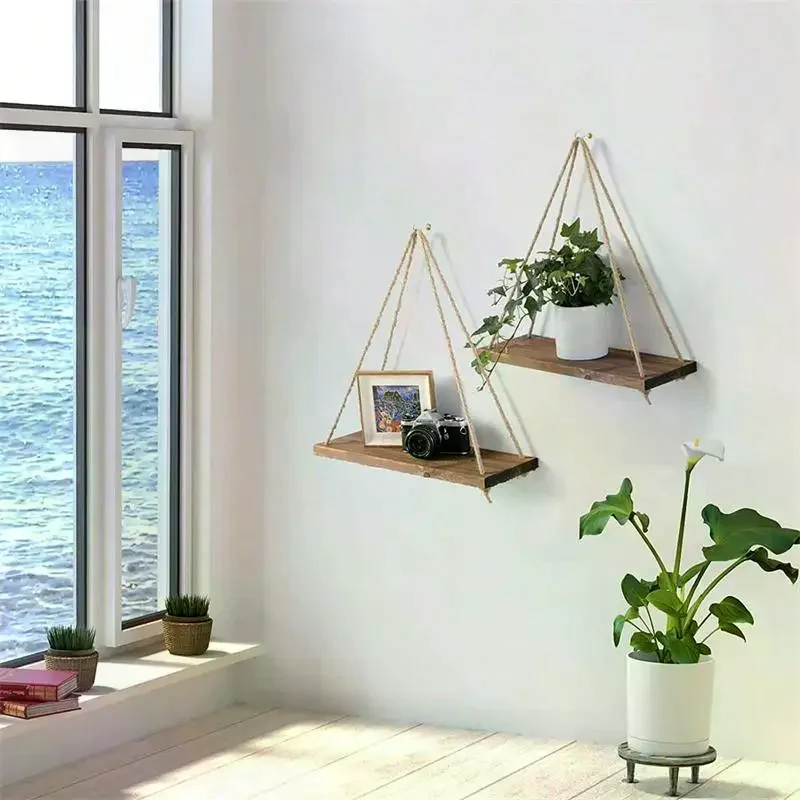 Hanging Wood Shelves Adjustable Cotton Rope Natural Wood Finish For Bedroom Living Room Boho Wall Decor
