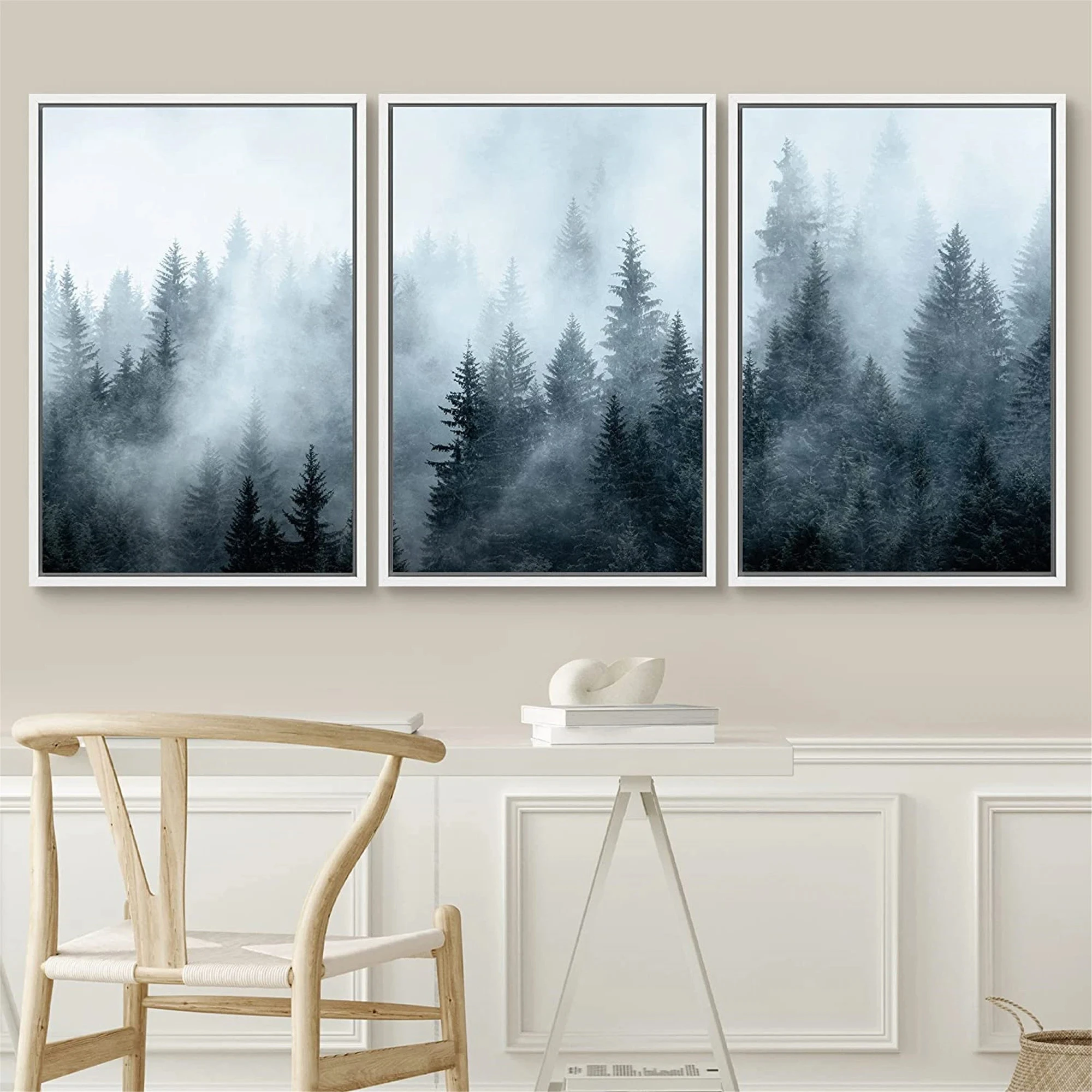 3 Piece Nature Wall Art Fog Mist Pine Tree Mountain Forest Landscape Canvas Print Modern Poster for Bedroom Home Decor