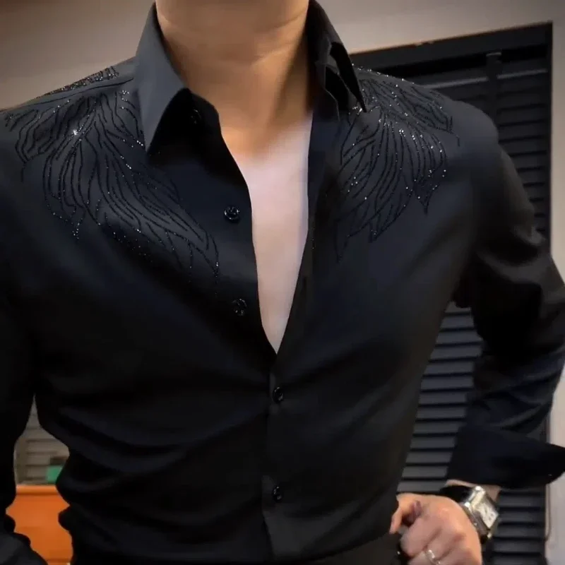 Spring Autumn Y2K Solid Diamond Shirts Men's Clothing Long Sleeve Loose Polo Neck Blouse All Match Fashion Cardigan Print Tops