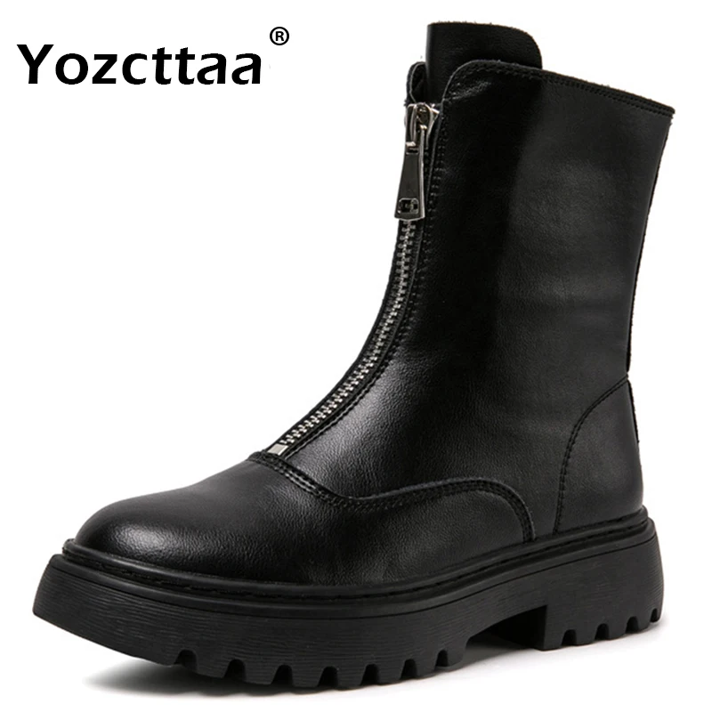 Yozcttaa taglia 34-40 stivaletti da donna in vera pelle con cerniera spessa scarpe con tacco medio autunno 2025 piattaforma invernale stivaletti da