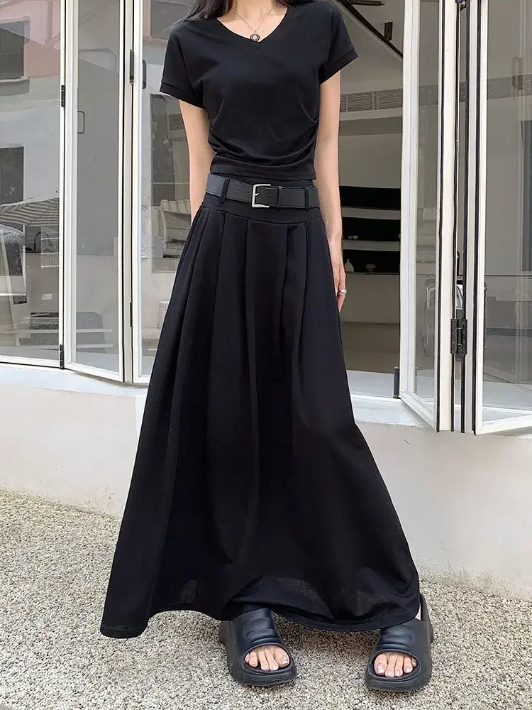 소녀 기질 하이 웨스트 화이트 하프 스커트 여성 여름 롱 스커트 슬림 캐주얼 올 매치 플리츠 a 라인 스커트