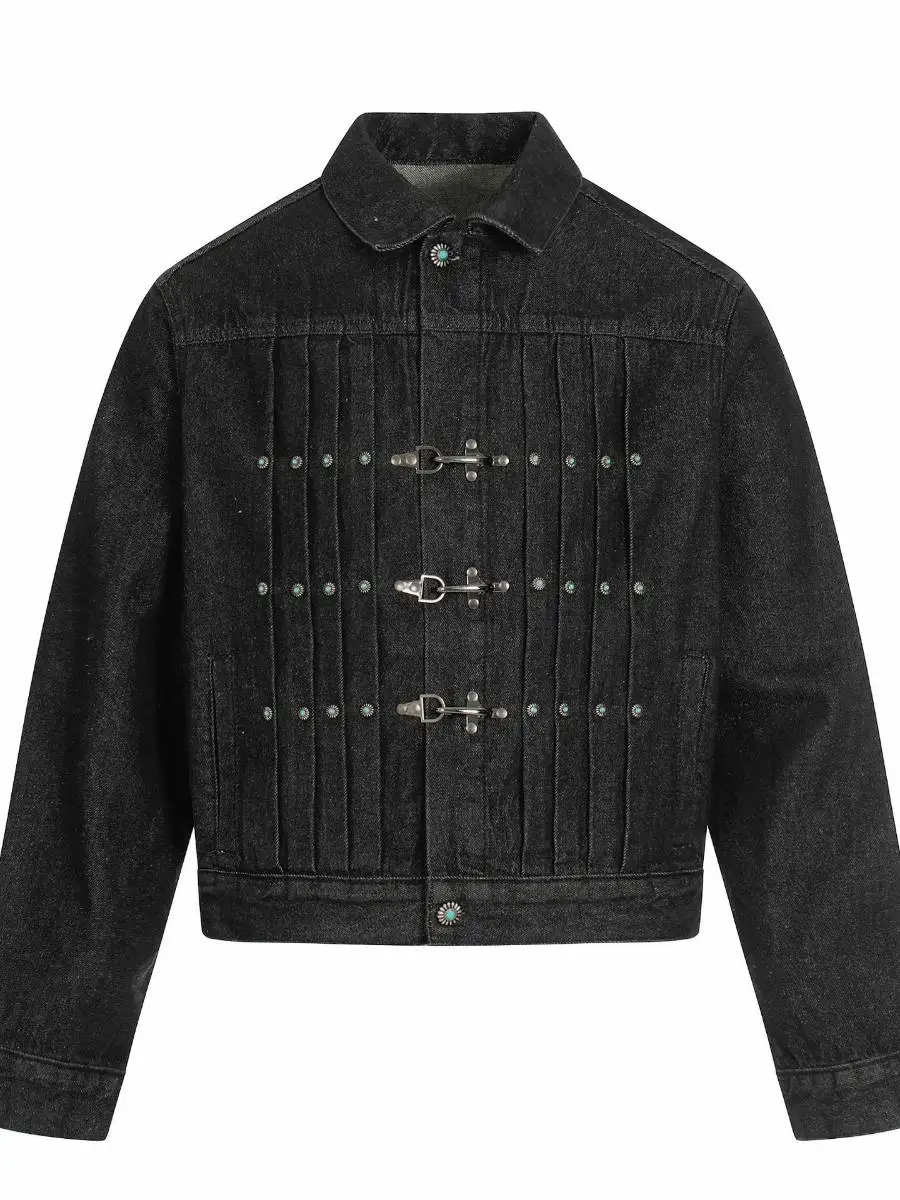 

Мужская джинсовая куртка в стиле ретро, широкая, с металлическим синим декором, винтажный дизайн, смесь хлопка, зимняя верхняя одежда, однотонная