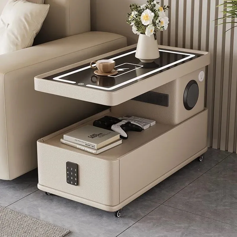 Solid Wood Mobile Coffee Table Small Apartment Wireless Charging Side Cabinet Bluetooth Speaker with USB Socket Sofa Side Cart