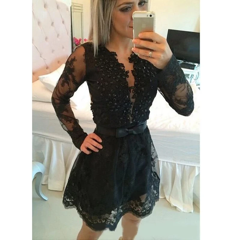 

Angelsbridep Black Long Sleeves Mini Short See Through Back Prom Dresses With Bow Appliques Homecoming Cocktail Party Gowns