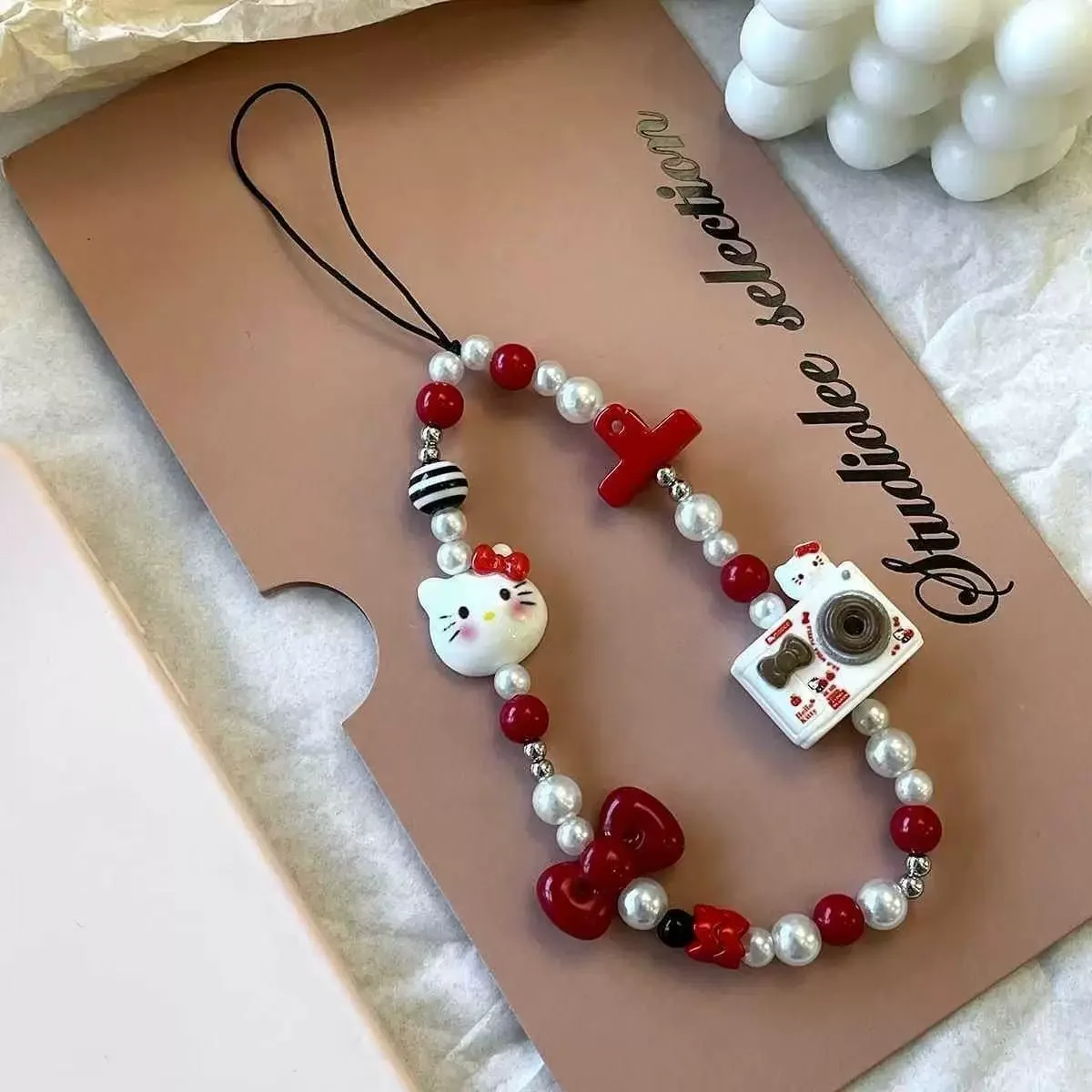 Ins Sweet Kawaii Hello Kitty  Anti-Lost Beaded Phone Strap Cute Bow Heart Bead Handmade Bag Pendant Keychain Gift For Women Girl view 4