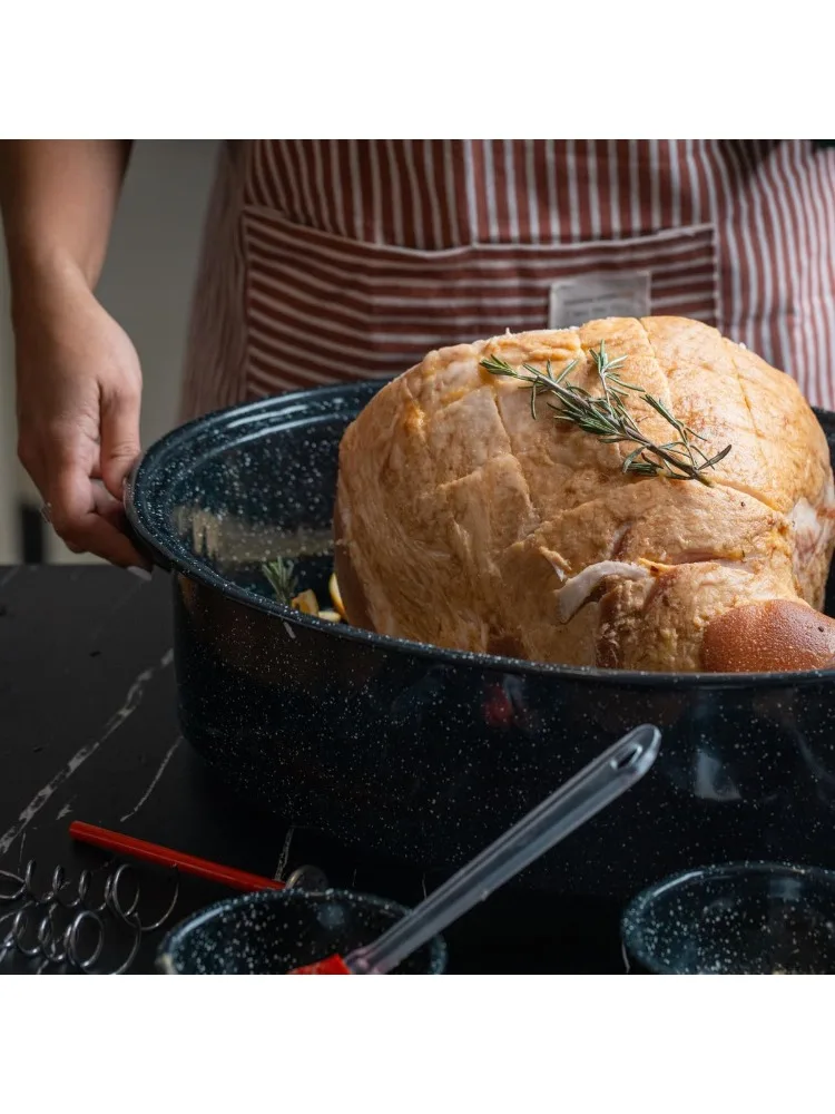 19 inch oval roaster with Lid, Oval Rack included (Speckled Black) - design to accommodate up to 20 lb poultry/roast. Resists