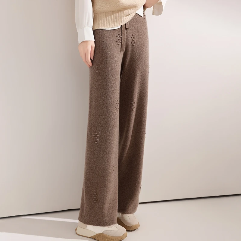 New Chic Women Pure Wool Pants Autumn Winter Wide Leg Pants Full Length 100% Merino Wool Knitwear Basic Simple Trousers Korean