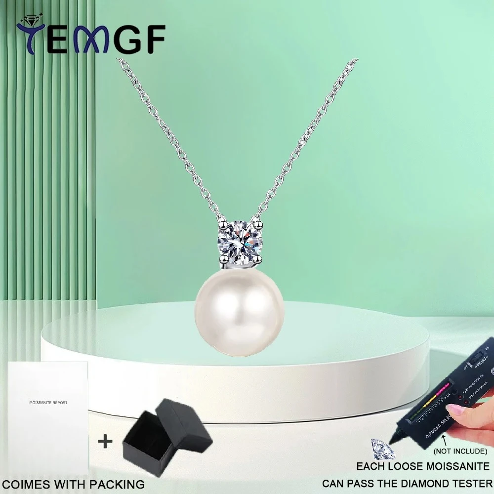 

TEMGF Simple S925 Sterling Silver Necklace Fine 4mm Moissanite 8-9mm Freshwater Pearl Pendant Jewelry for Women Anniversary Gift