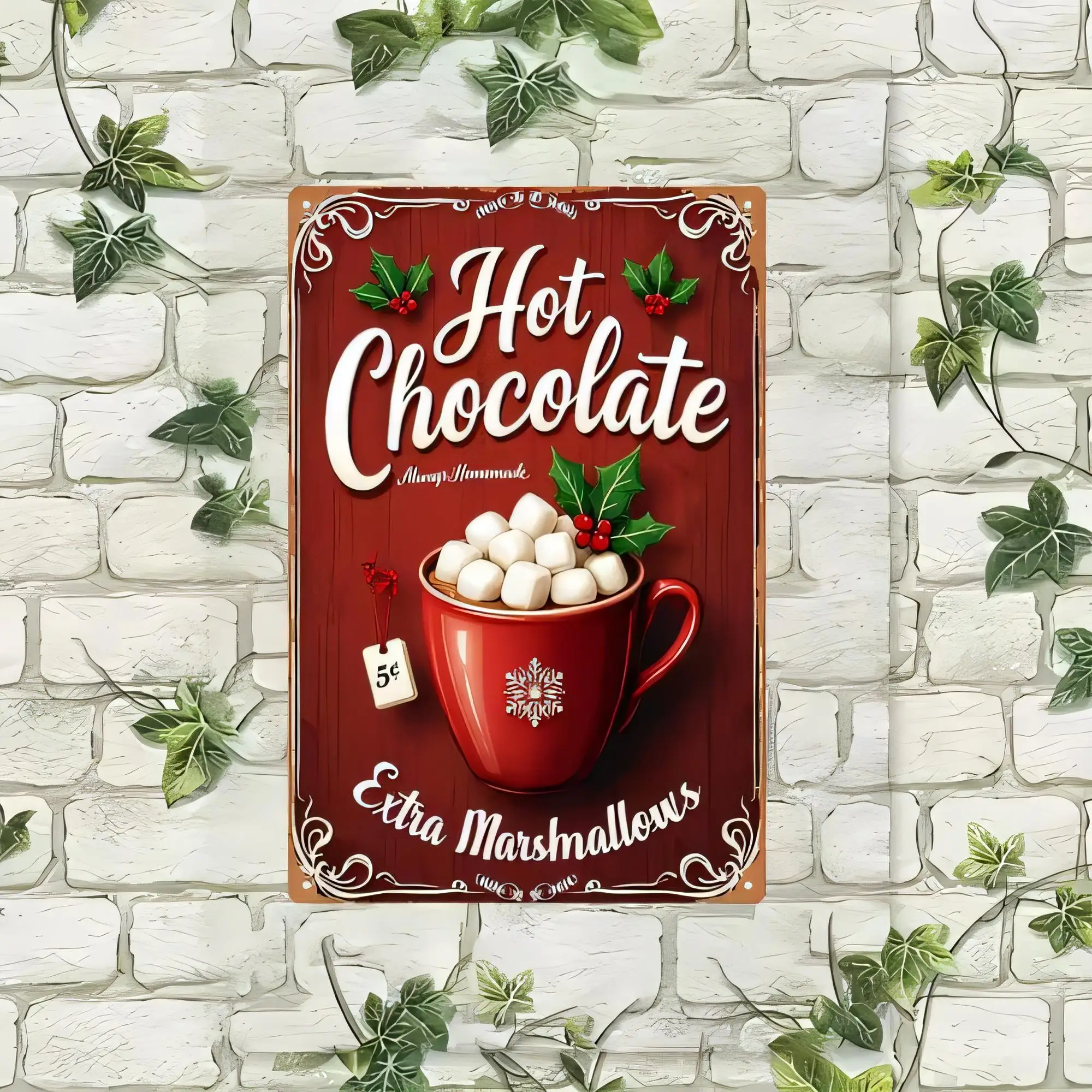 Tin Sign Hot Chocolate Extra Marshmallows Vintage Red Cup Wall Plaque Decor, Christmas Winter Cozy Drink Poster for Bar Kitchen