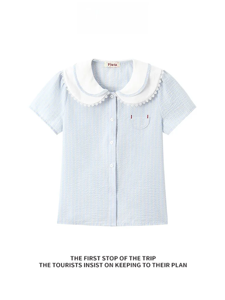 

Blue Striped Doll Collar ort Sve irt Women's Faion Summer 2025 Cute Japanese Sle Cact Size Top Clothes