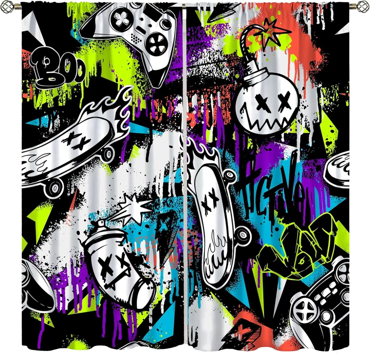Graffiti Curtains for Boys Room,Modern Abstract Art Street Cool Black Skateboard Graffiti Window Drapes Print Kids Girls Bedroom
