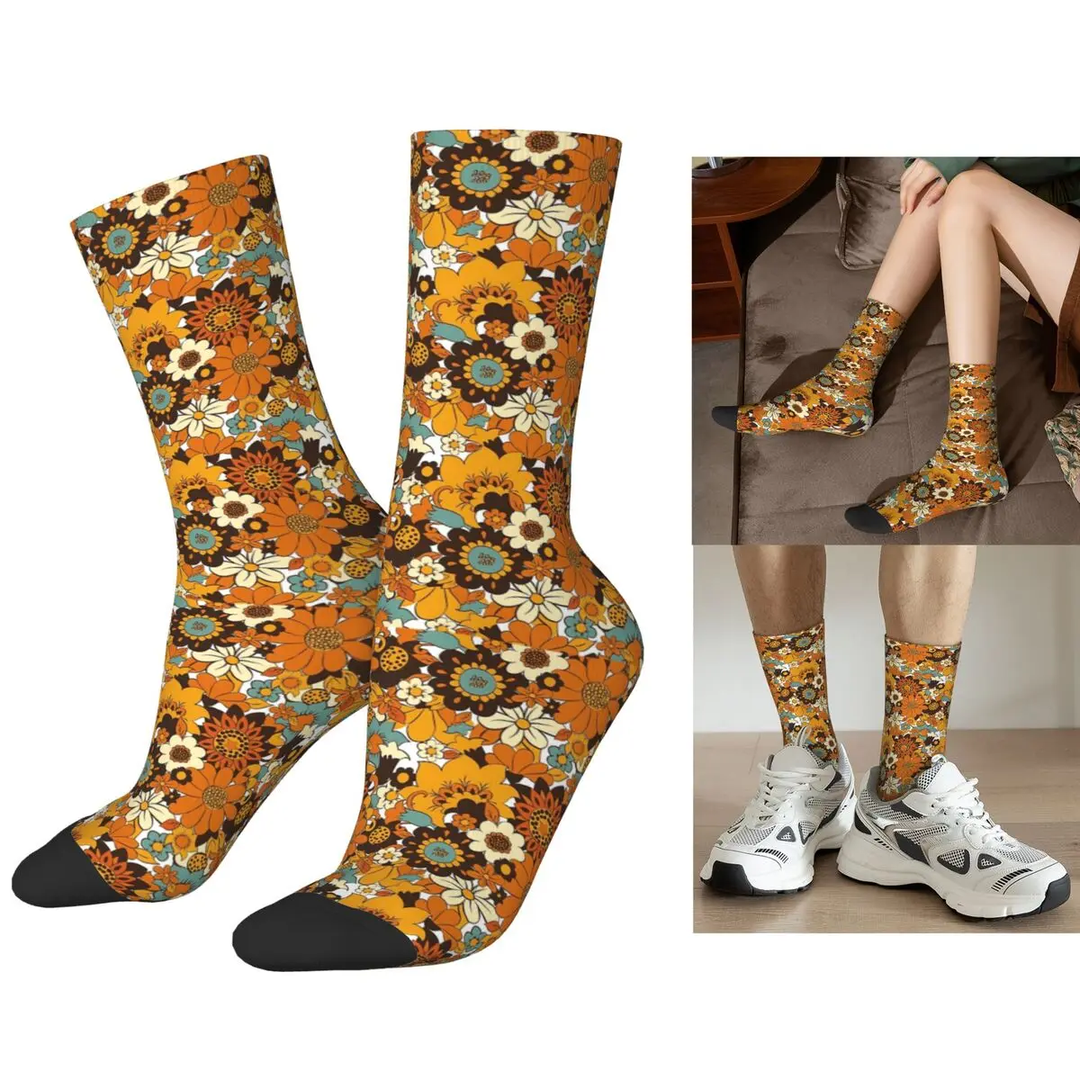 

Носки в стиле ретро 70-х, 60-х годов с цветочным узором, супер мягкие чулки в стиле Харадзюку, всесезонные длинные носки, аксессуары для мужчин и женщин
