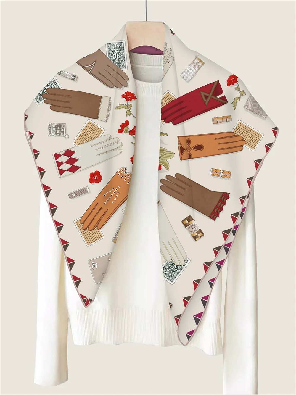POBING Handgerollter Twill-Seidenschal für Damen, magische Handschuhe, doppelt bedruckte quadratische Schals, Wraps, Echarpes, Foulards, Femme, Hijab, 90 cm – Detail 13