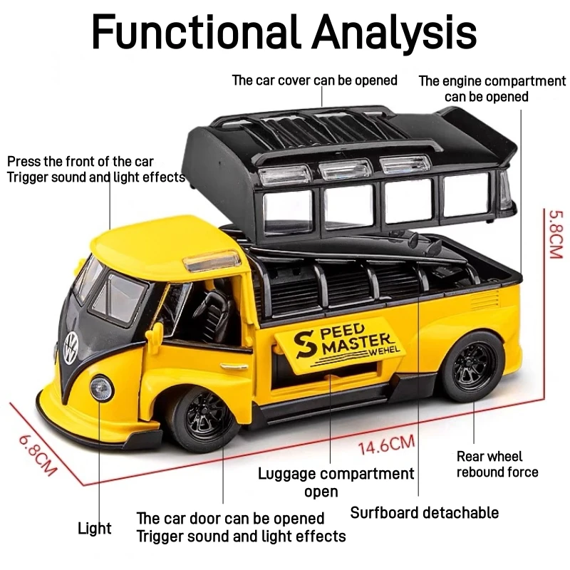 1:32 Volkswagen BUS T1 Alloy Miniature Car Diecast Metal Scale Car Model Sound＆Light Collection Kids Modified Vehicles Toy Gift