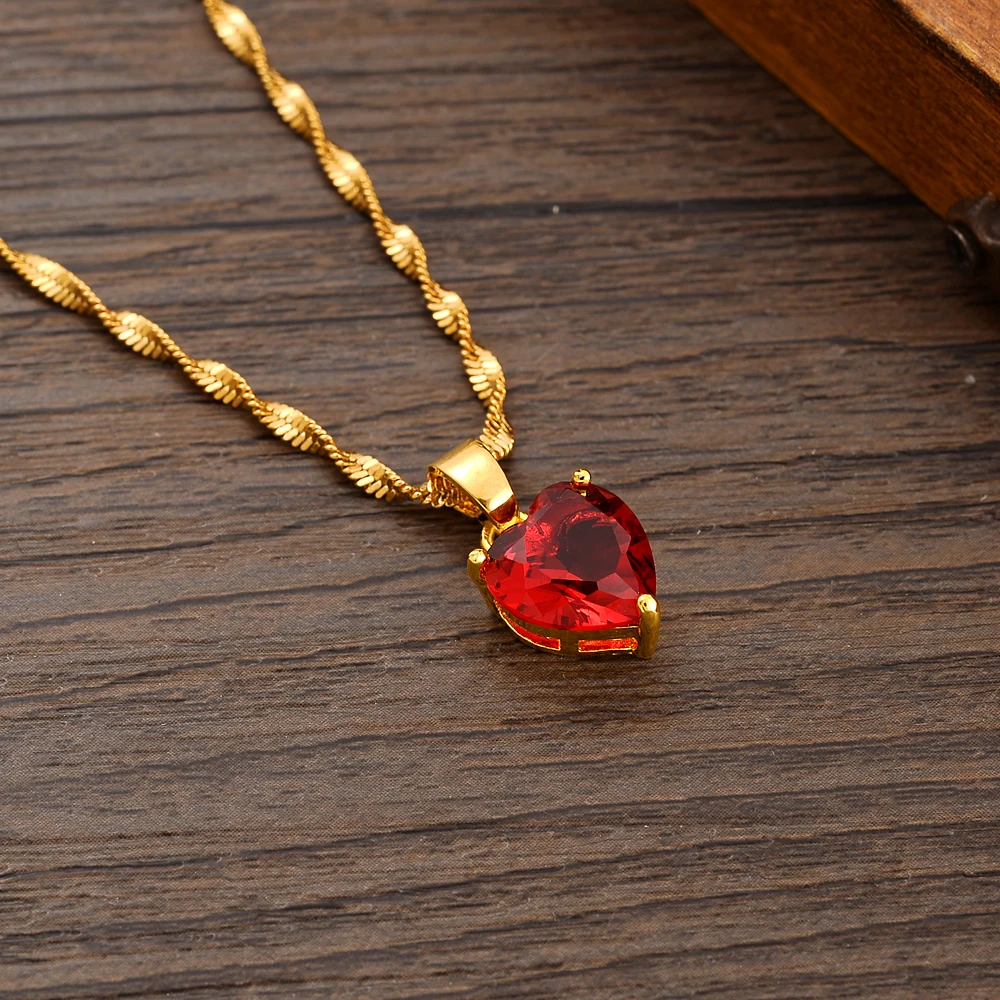 Gold Color Necklace Earring Dubai Heart Jewelry Sets Red Zircon Party Gift Charms For Women