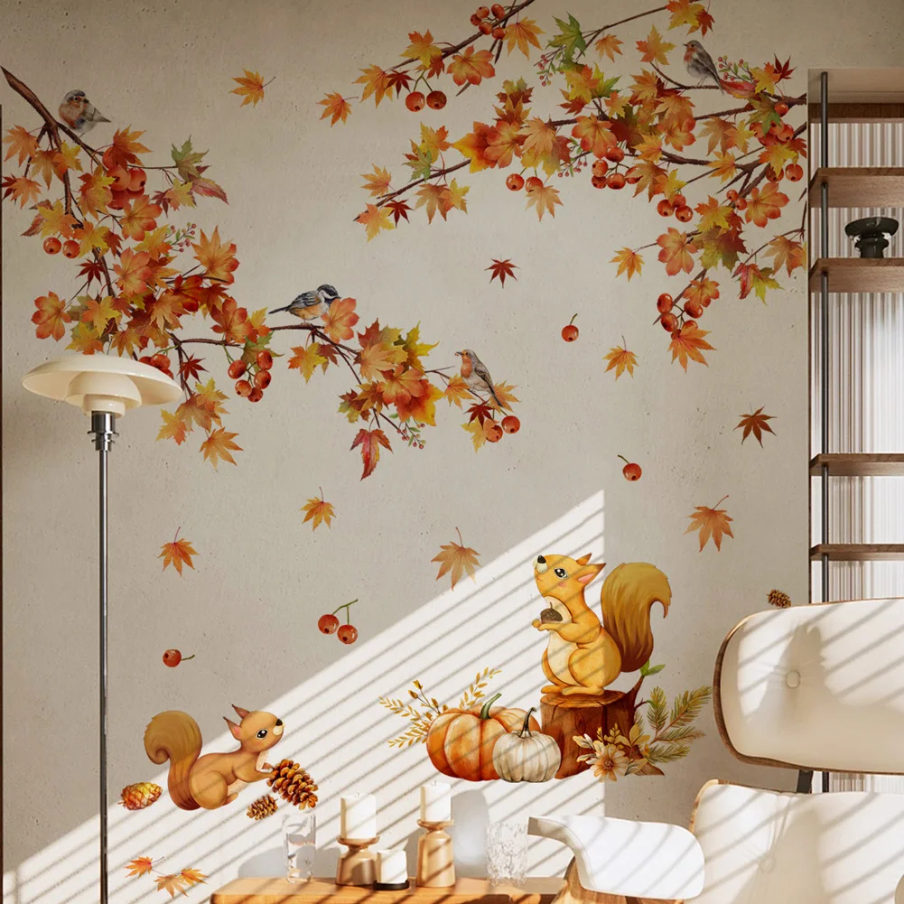 Watercolor Style Maple Leaf Squirrel Wall Stickers Kids Room Decor Bedroom Background Home Decoration Mural Self-adhesive Decals