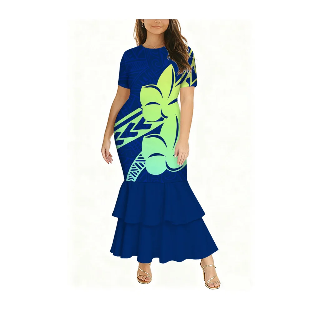 فستان ذيل السمكة برقبة دائرية وأكمام قصيرة مناسب للنساء فستان حفلات عالي الجودة مصنوع حسب الطلب من بولينيزيا