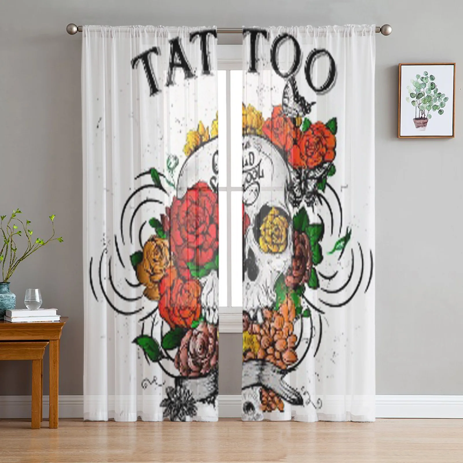 Skull And Flowers Butterflies Day Of The Dead Chiffon Sheer Curtains Living Room Bedroom Window Voiles Tulle Curtain