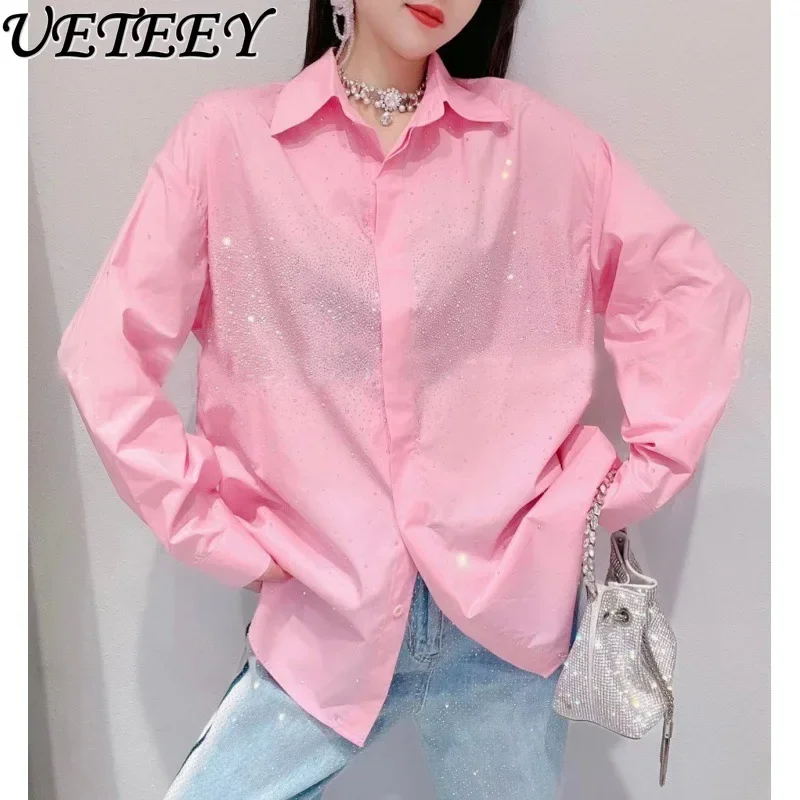 French Minority Spring and Summer New Heavy Industry Color Rhinestone Shirt Casual Loose Slimming Lapel Long Sleeve Top